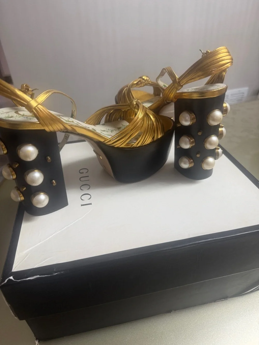 Gucci Gold Metallic Pearl-Embellished Platform Sandals - Picture 3 of 8